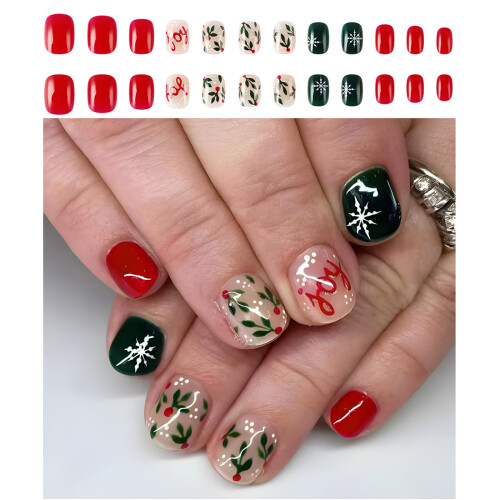 Faux ongles verts à pression de noël, 24 pièces, couverture