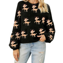 Pull tendance pour femme avec cerf de Noël, haut d'hiver-Noir L