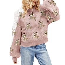 Pull à motif de cerf pour femmes, confortable,-Rose XL