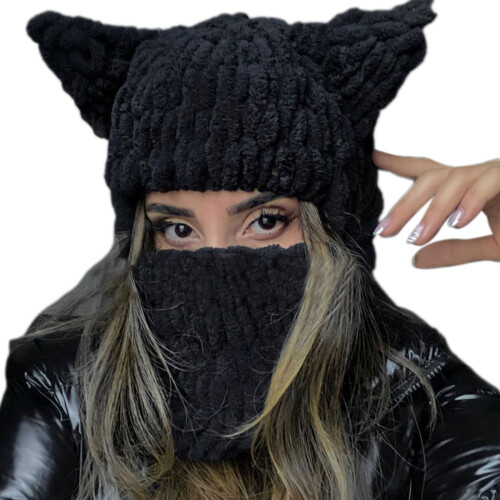 Beanie-Mütze, Winter-warme Mütze,-schwarze Katzenohren