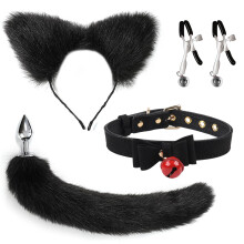 Tail Anal Plug Plush Ear Hairpin Set Bell Collar Adjustable Breast Clamp Four-Piece Set Adult Sex Toys