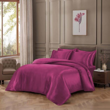 (FUCHSIA, SINGLE) Luxurious Satin Silk 6-Piece Bedding Set: Durable Silky Fabric, Fitted Sheet, Duvet Cover, Comforter, 4 Pillow Cases Soft