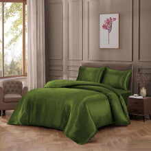 (OLIVE GREEN, SINGLE) Luxurious Satin Silk 6-Piece Bedding Set: Durable Silky Fabric, Fitted Sheet, Duvet Cover, Comforter, 4 Pillow Cases Soft