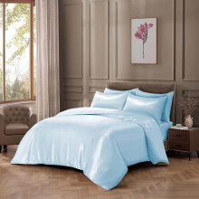 (SKY, DOUBLE) Luxurious Satin Silk 6-Piece Bedding Set: Durable Silky Fabric, Fitted Sheet, Duvet Cover, Comforter, 4 Pillow Cases Soft