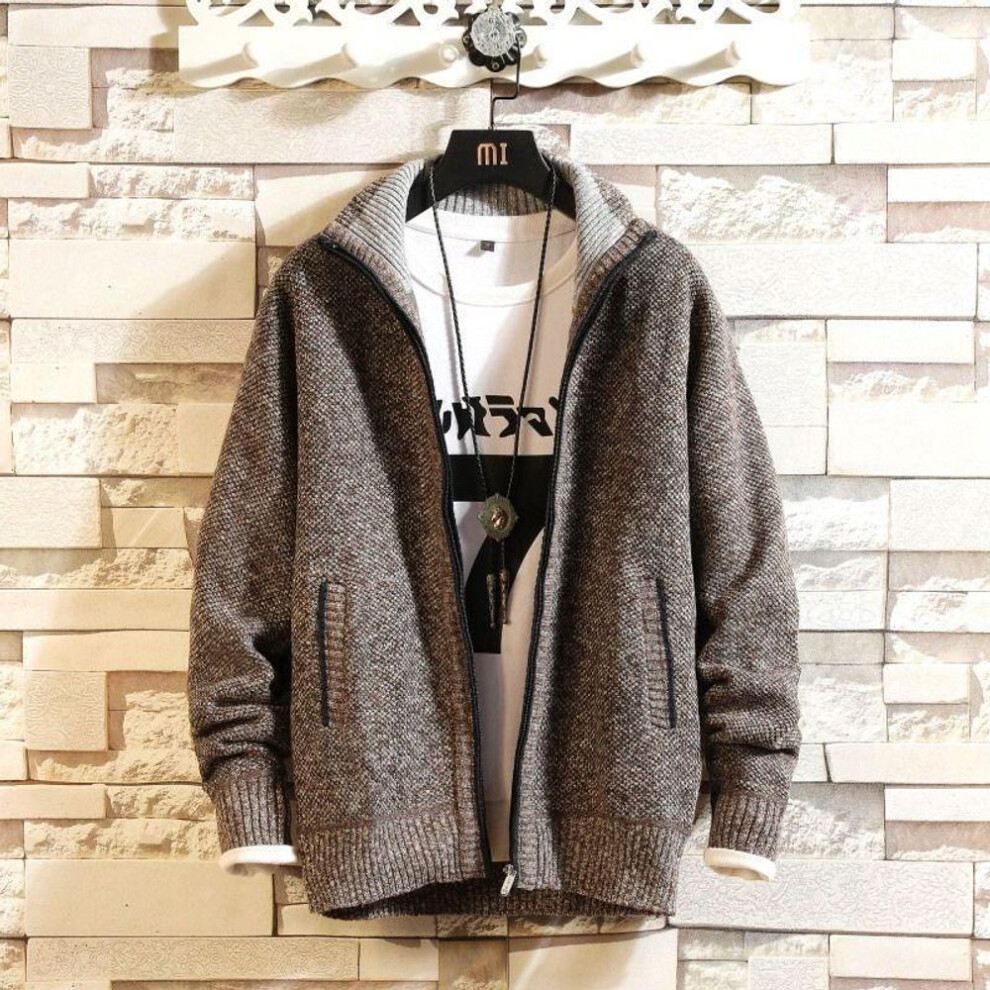 (coffee, XL) Autumn And Winter Fleece Thicken Large Size Casual Loose Sweater Men's Jacket Stand-up Collar Cardigans-image-OPC-PMNS7CB-NEW