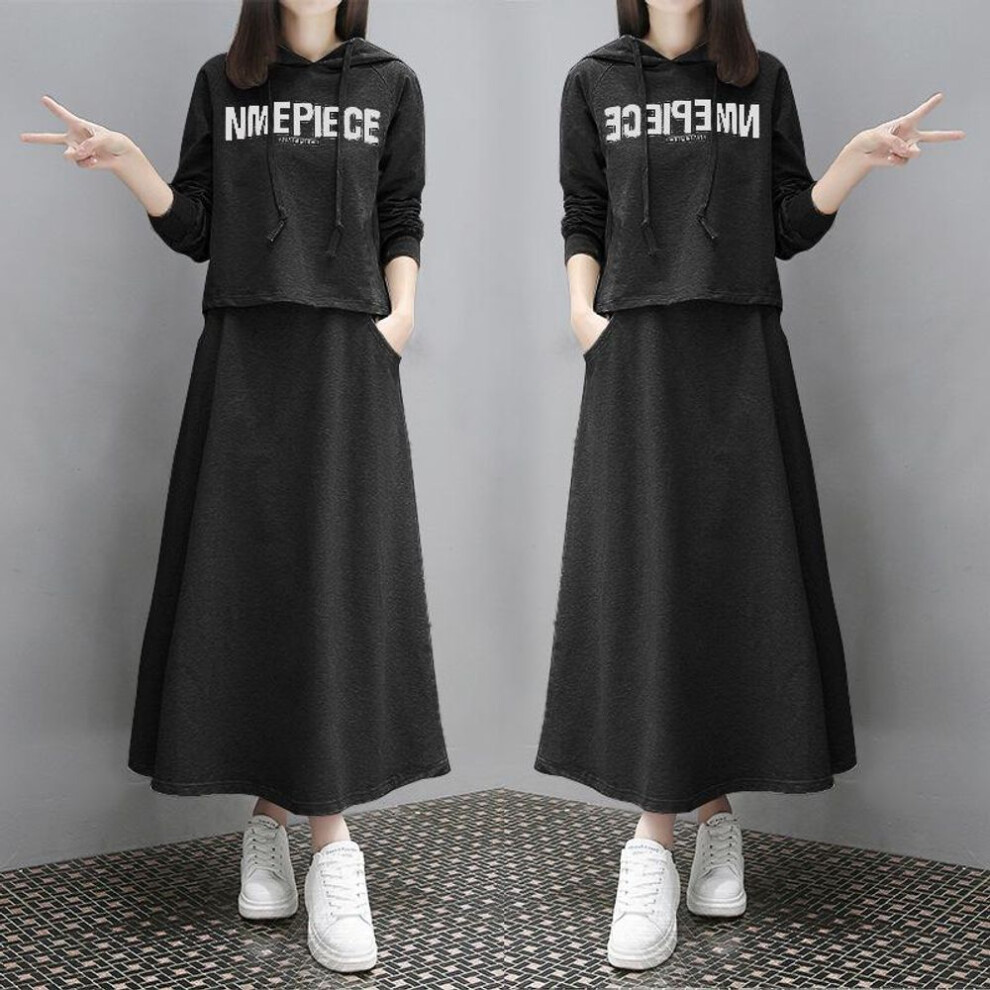 (black, XXXXL) 2 Pieces Women Sets Spring Autumn Letter Hoodie + Long Skirts Casual Lantern Sleeve Loose Two Sets Women Clothing-image-OPC-PMNSRBC-NEW