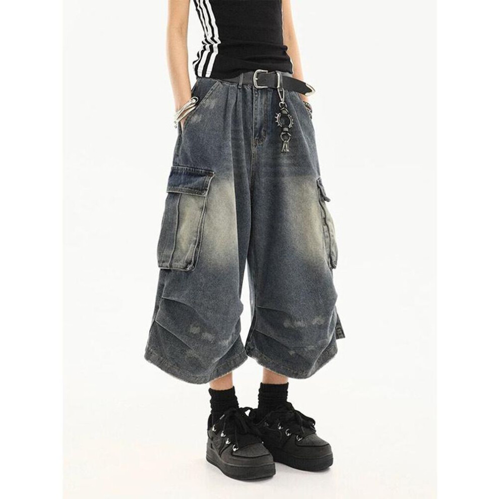 (blue, L) Women Vintage Washed Workwear Denim Shorts With Multiple Pockets Pleated Design Loose Drapey Seven-foot Pants-image-OPC-PMNSRVN-NEW