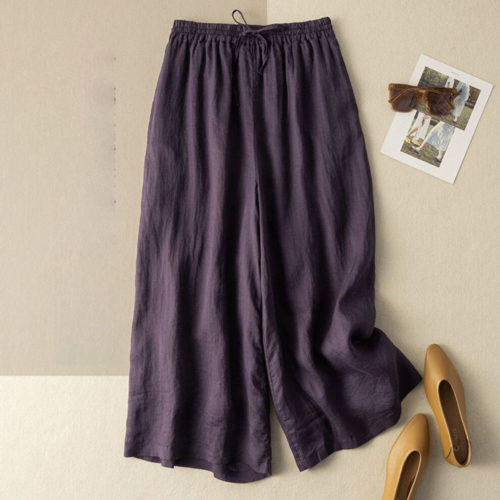 (dark purple, L) Purple Linen Casual Elastic High Waist Loose Women's Pants Korean Fashion Wide Leg Ankle-length Pants For Women-image-OPC-PMNSYZS-NEW