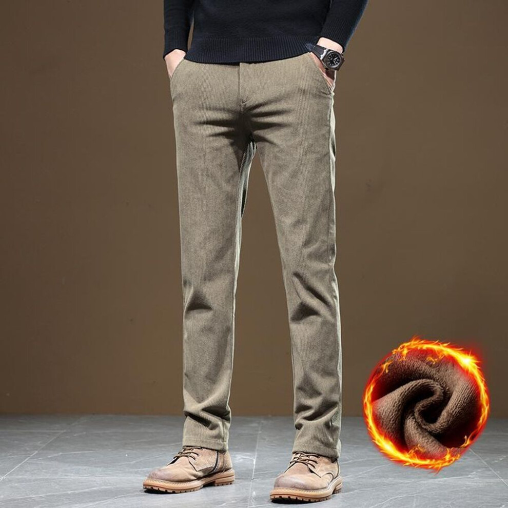 (khaki, 36) Men Winter Fleece Warm Corduroy Pants Men Business Fashion Slim Fit Stretch Thicken Gray Khaki Fluff Casual Trousers Male-image-OPC-PMNSZ95-NEW