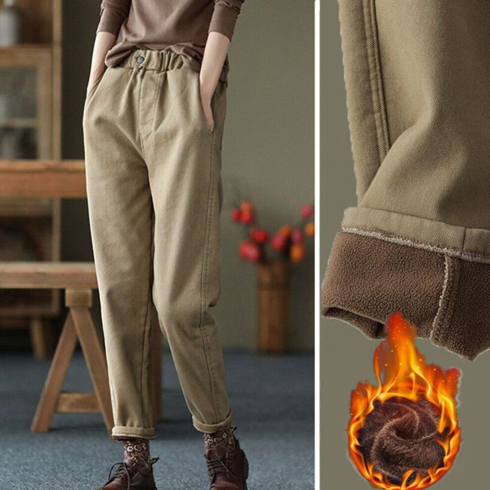 (khaki, XXL) Women's Warm Slim Fit High Waist Harem Pants - Plush Ankle Length Long Trousers With Pockets   Elastic Waist For Sports-image-OPC-PMNVGJQ-NEW