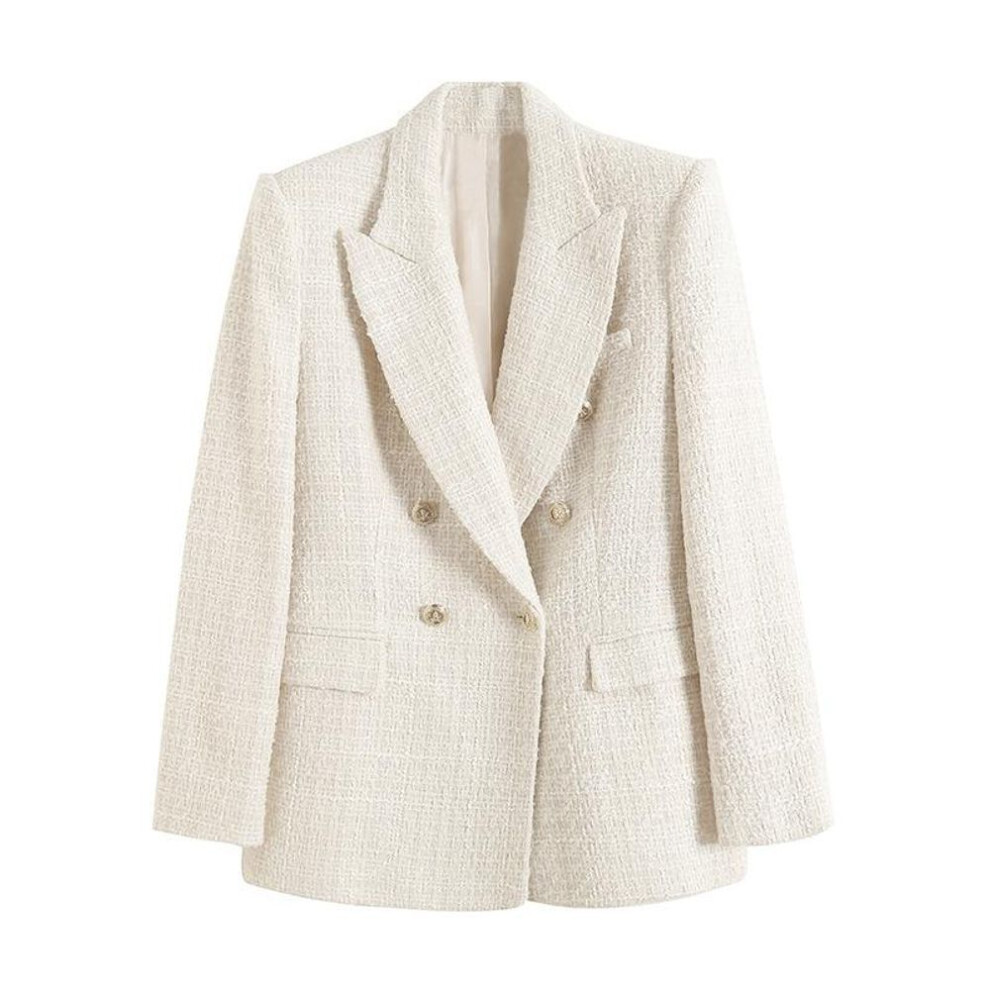 (white, S) Women's Simple Casual Blazer Jacket - Fashionable Solid Color, Coarse Vintage Texture-image-OPC-PMNVH8S-NEW