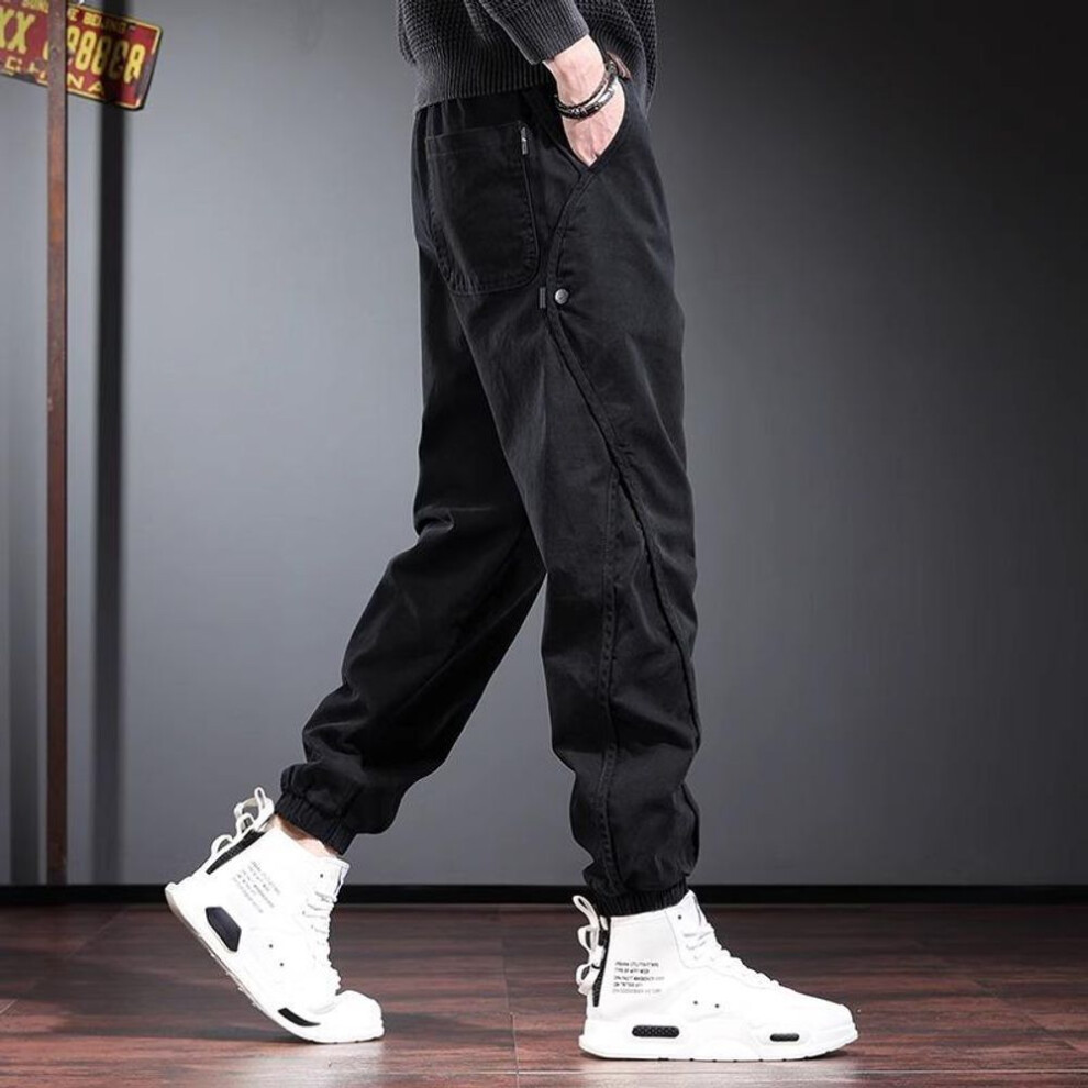 (black, S) Men's Casual Workwear Running Pants With Elastic Waistband And Drawstring, Tapered Sports Belt Pocket-image-OPC-PMNVJNJ-NEW