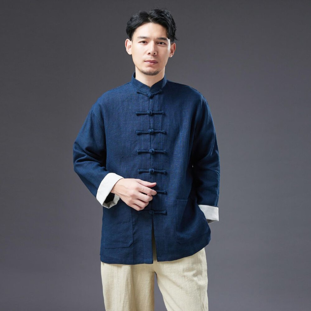 (navy blue, S) Spring Linen Men's Jacket, Cardigan, Chinese Style Loose Casual Stand-up Collar Cardigan, Buttoned Top-image-OPC-PMNVJWP-NEW