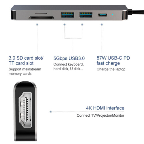 Type-C Laptop Hub Adapter Multifunktionshub Läsare Konverterare 2