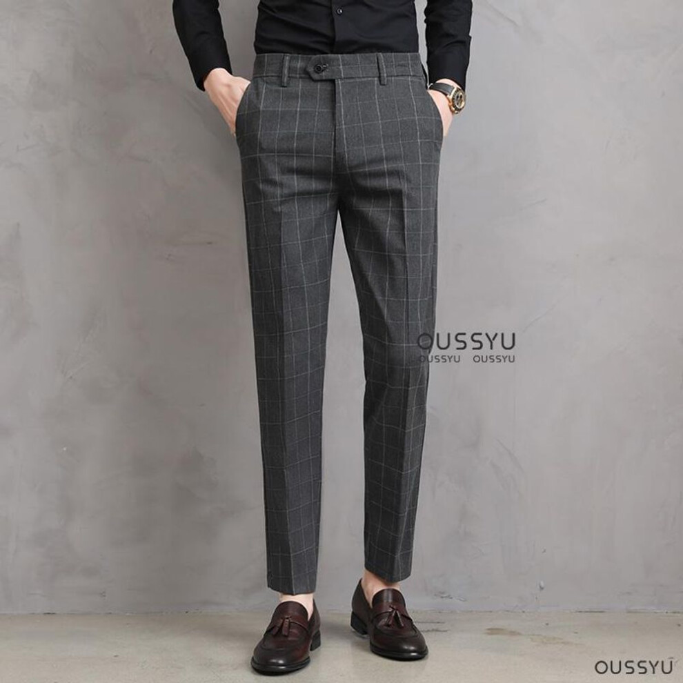 (dark grey, 38) Summer Thin Plaid Pattern Formal Dress Pants Men Slim Business Work Office Party Korea Skinny Casual Trousers Male-image-OPC-PMNWH8S-NEW