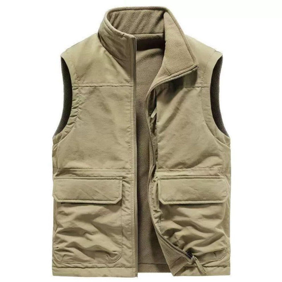 (XL, khaki) Autumn And Winter Men's Outdoor Double-sided Wear Plus Velvet Vest Multi-pocket Casual Tooling Vest Sleeveless Jacket-image-OPC-PMNWHZ5-NEW