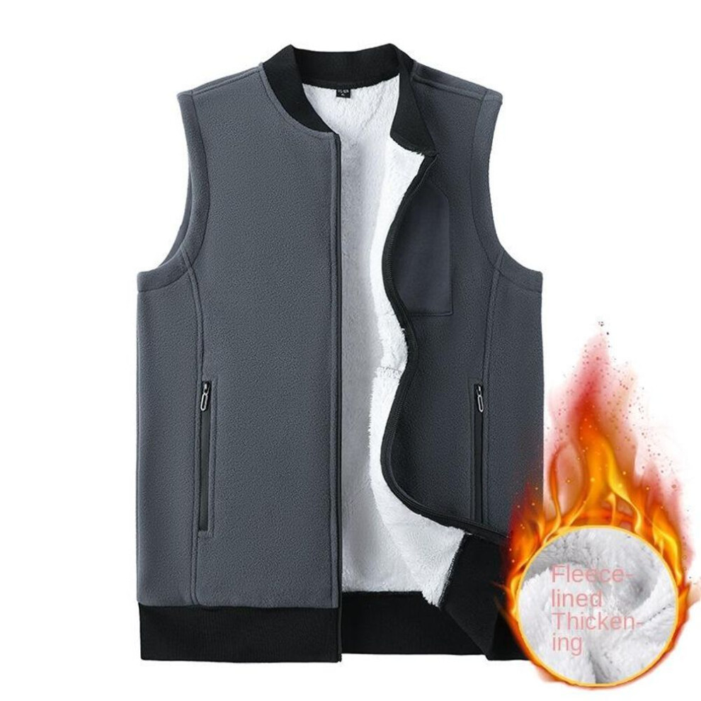 (5XL, grey) Men Winter Vest Sleeveless Stand Collar Solid Color Fleece Thick Keep Warm Plus Size Neck Protection Winter Waistcoat For Daily-image-OPC-PMNX5BS-NEW