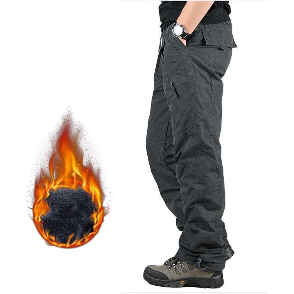 (grey, 3XL) Men's Winter Fleece-lined Thickened Outdoor Work Pants Straight-leg Plus Size Multi-pocket Casual Pants-image-OPC-PMNX67M-NEW