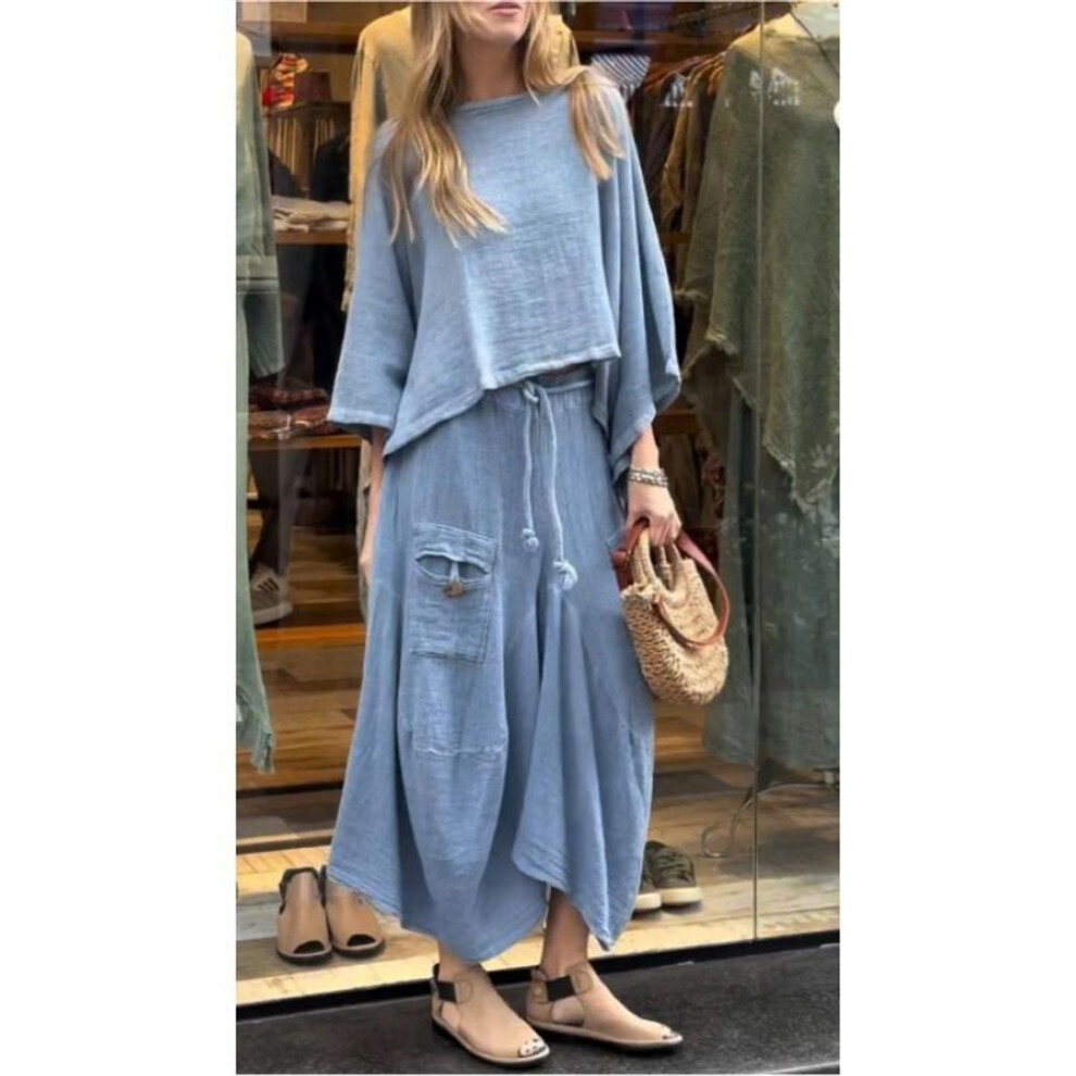 (blue, 3XL) Women's Spring And Autumn Loose Casual Set Medium Sleeve Irregular Top + Skirt Design Two Piece Set-image-OPC-PMNXGFG-NEW