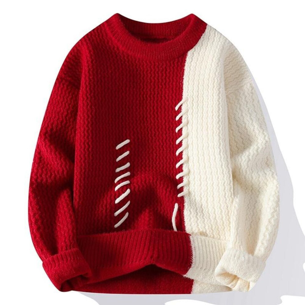 (red, M) Round Neck Sweater Men's Autumn And Winter Autumn And Winter Loose Knit Sweater Thickened Warm Stitching-image-OPC-PMNY9J8-NEW