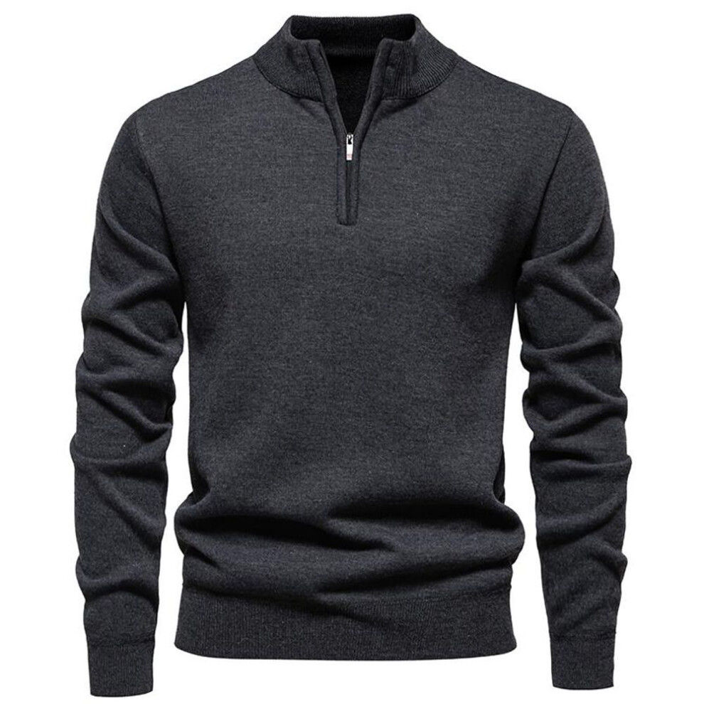 (dark grey, XXXXL) Autumn Winter Men's Half Zipper Knitted Pullovers Solid Slin Fit Casual Sweater Male Fleece Warm Stand Collar Pullover Sweaters-image-OPC-PMNY9T5-NEW