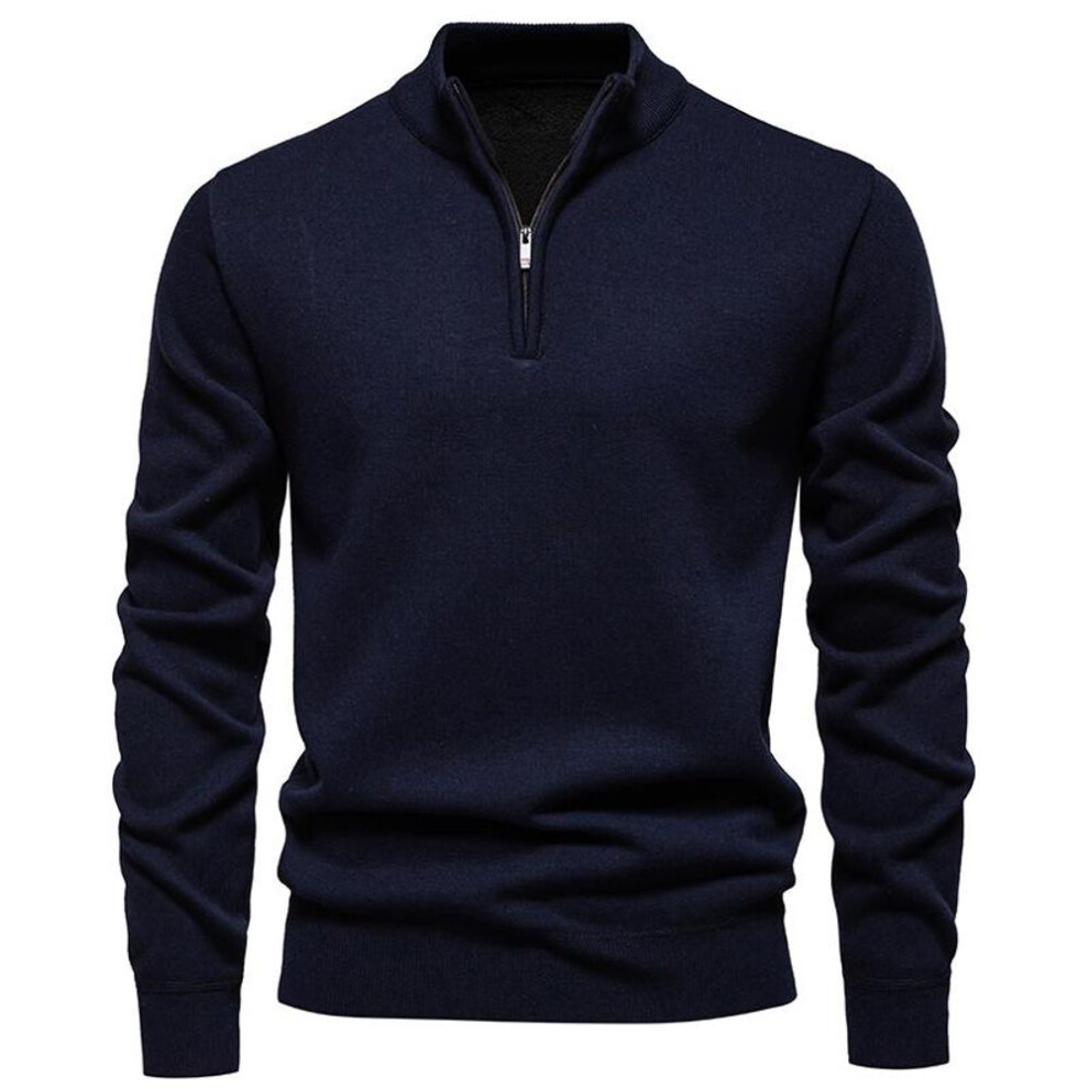 (navy blue, XL) Autumn Winter Men's Half Zipper Knitted Pullovers Solid Slin Fit Casual Sweater Male Fleece Warm Stand Collar Pullover Sweaters-image-OPC-PMNY9V9-NEW