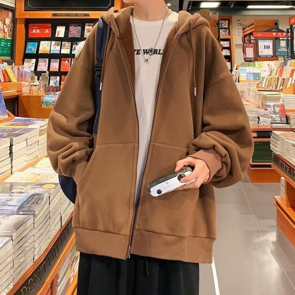 (brown, XXXL) Men's Plus Velvet Autumn Loose Solid Color All-match Hoodie Casual Breathable Zipper Sports Jacket-image-OPC-PMNYSMS-NEW