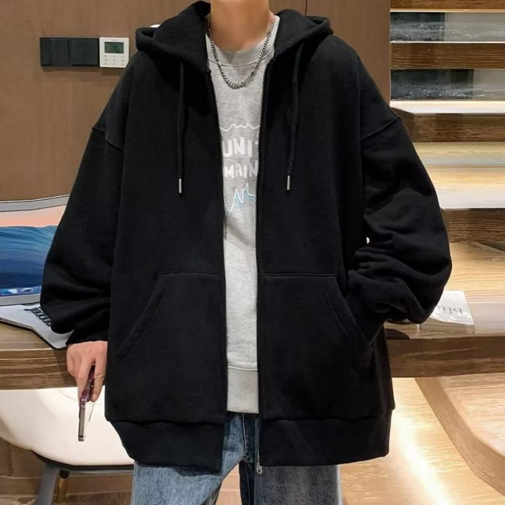 (black, XXXXL) Men's Plus Velvet Autumn Loose Solid Color All-match Hoodie Casual Breathable Zipper Sports Jacket-image-OPC-PMNYSQ6-NEW