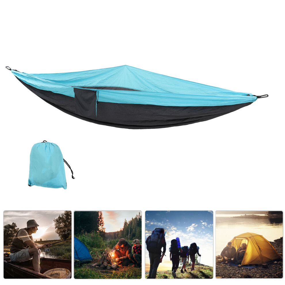 Double 210t Nylon Camping Hammock Sky Blue & Dark Grey, 300x200cm-image-OPC-PMNYVP7-NEW