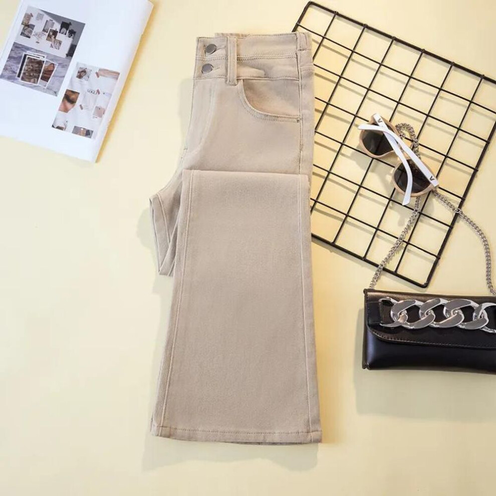 (khaki, M) Women's Autumn Elastic High Waisted Slimming Pants Solid Color Plus Size Micro Flared Jeans-image-OPC-PMNYX8X-NEW