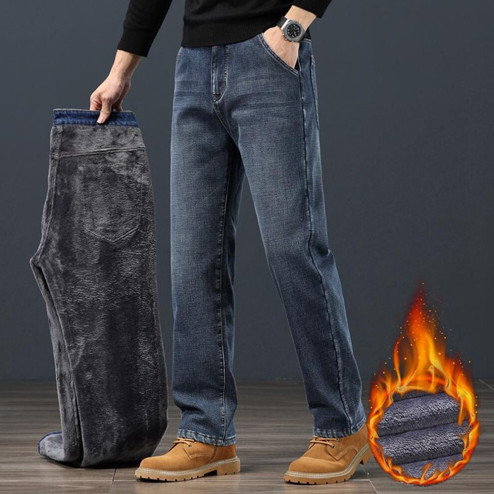(dark blue, 27) Winter Fleece Men Jeans Classic Loose Straight Warm Thicken Trousers Business Casual Velvet Elastic Denim Pants-image-OPC-PMNYYBD-NEW