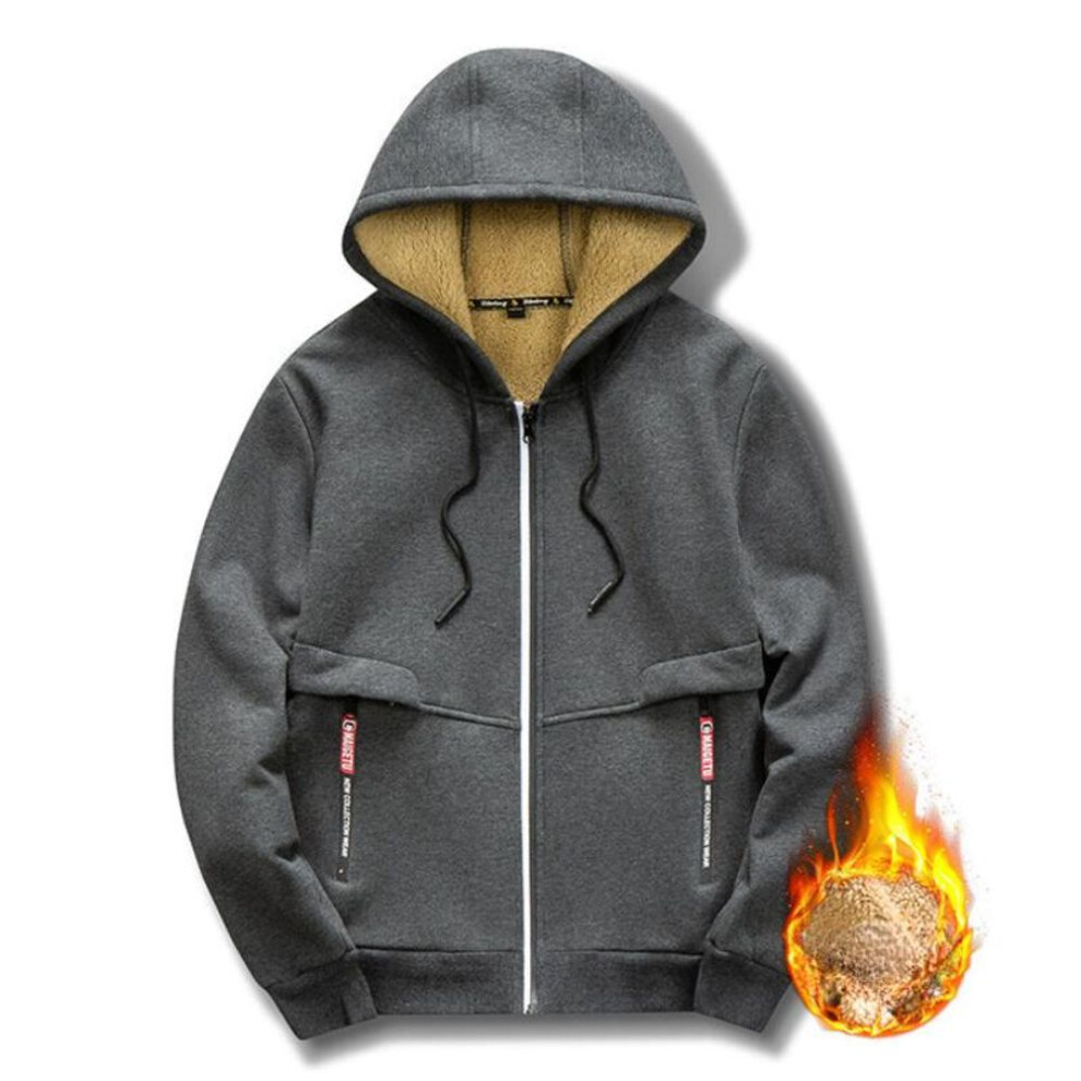 (dark gray, M) Autumn And Winter Men's Solid Color Hooded Lamb Velvet Sweater Jacket - Plus Velvet   Thickened-image-OPC-PMNZ65T-NEW