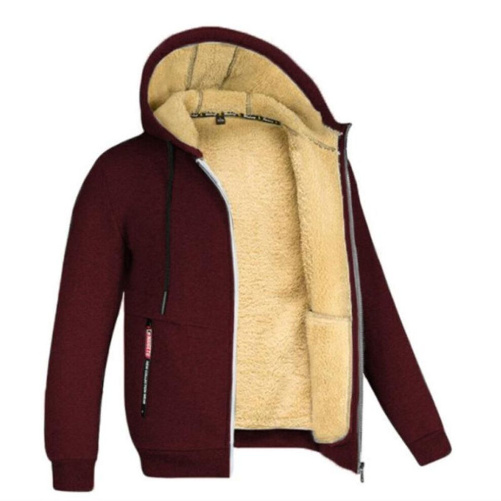 (wine red, XL) Autumn And Winter Men's Solid Color Hooded Lamb Velvet Sweater Jacket - Plus Velvet   Thickened-image-OPC-PMNZ65Z-NEW
