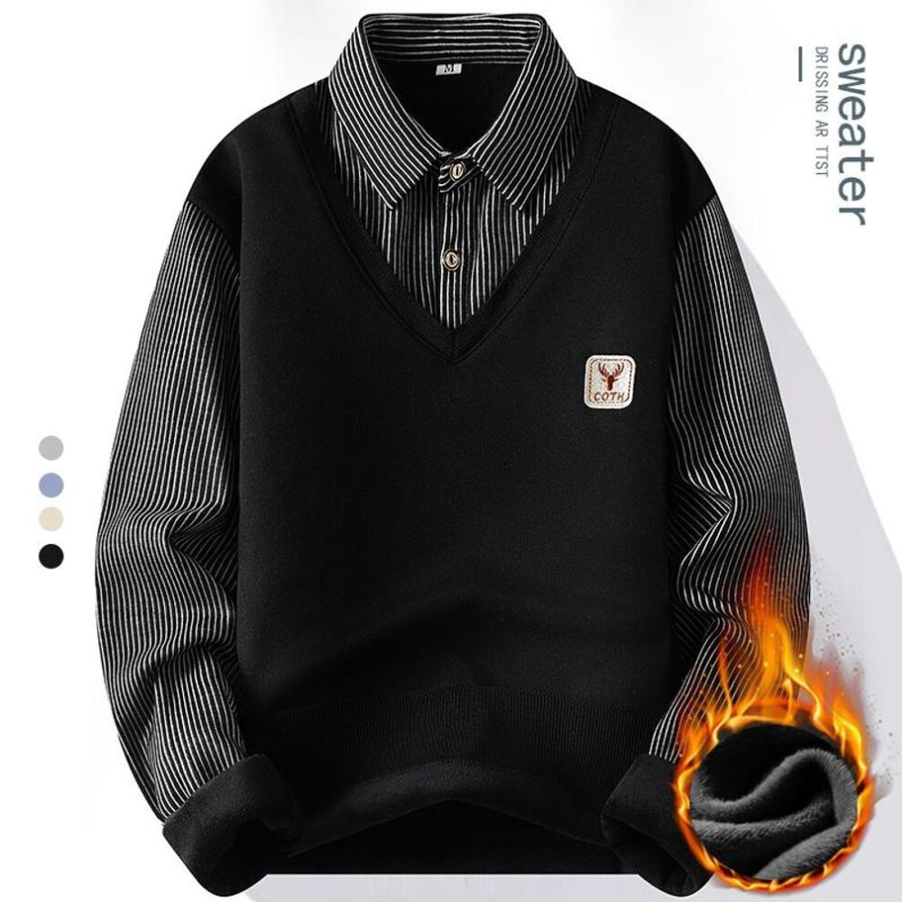 (black, XXXL) Male Fleece Polo Shirt Men's Pullover Autumn Winter T-shirt Collar Sweaters Cold Blouse Navy Blue Khaki Korean Clothing-image-OPC-PMNZ6KY-NEW