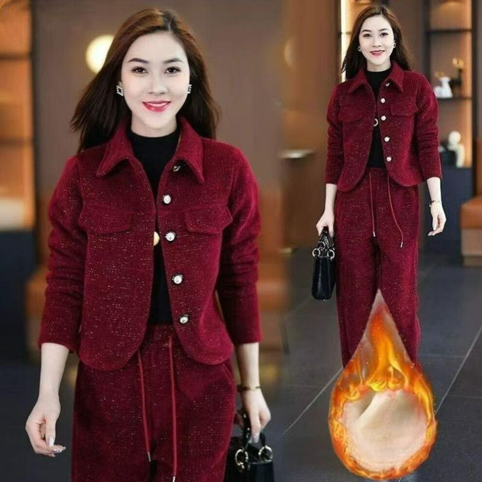 (red, L) Fashion Plus Velvet Thickened Suit Women's Autumn And Winter Western Style Thin Short Jacket Casual Sports Two-piece Suit-image-OPC-PMNZDYH-NEW