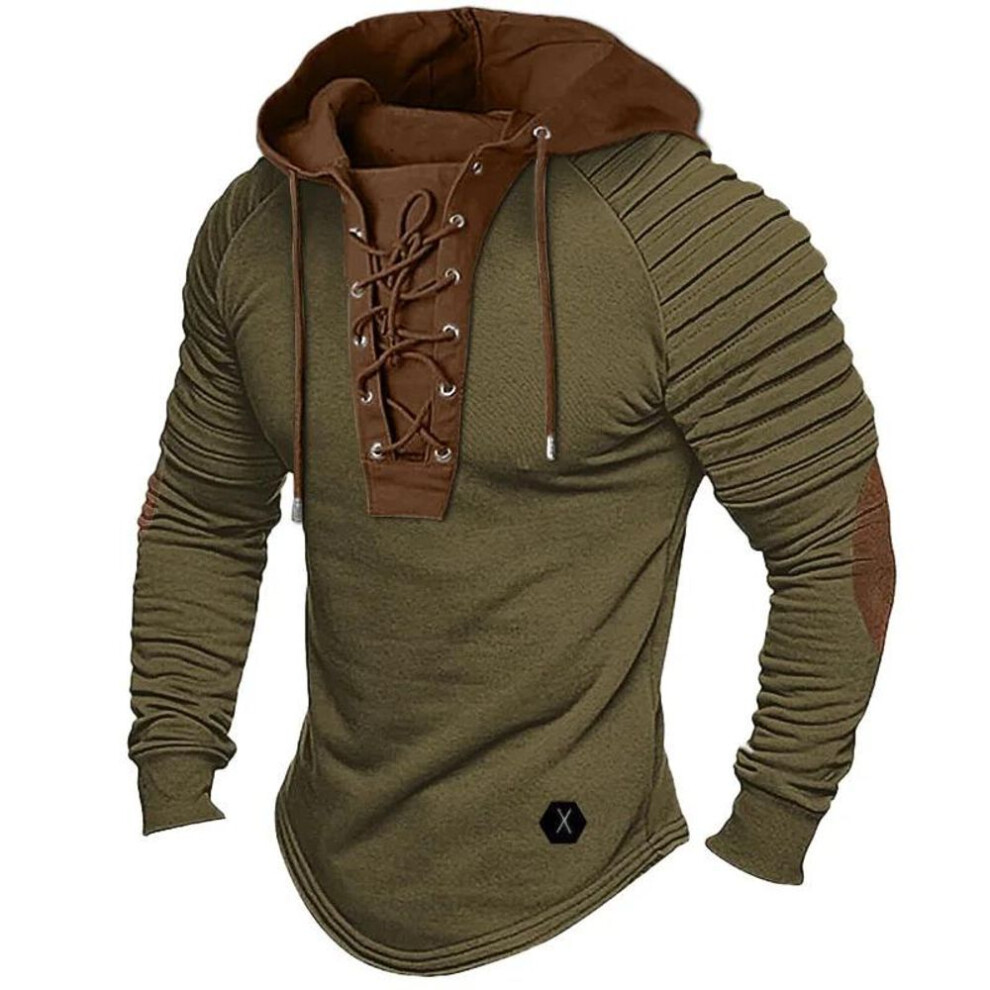 (green, M) Men's Clothing Solid Color Hoodie Style Men's T-shirt Top Pleated Hood. Street Style Long-sleeved T-shirt-image-OPC-PMNZH7C-NEW