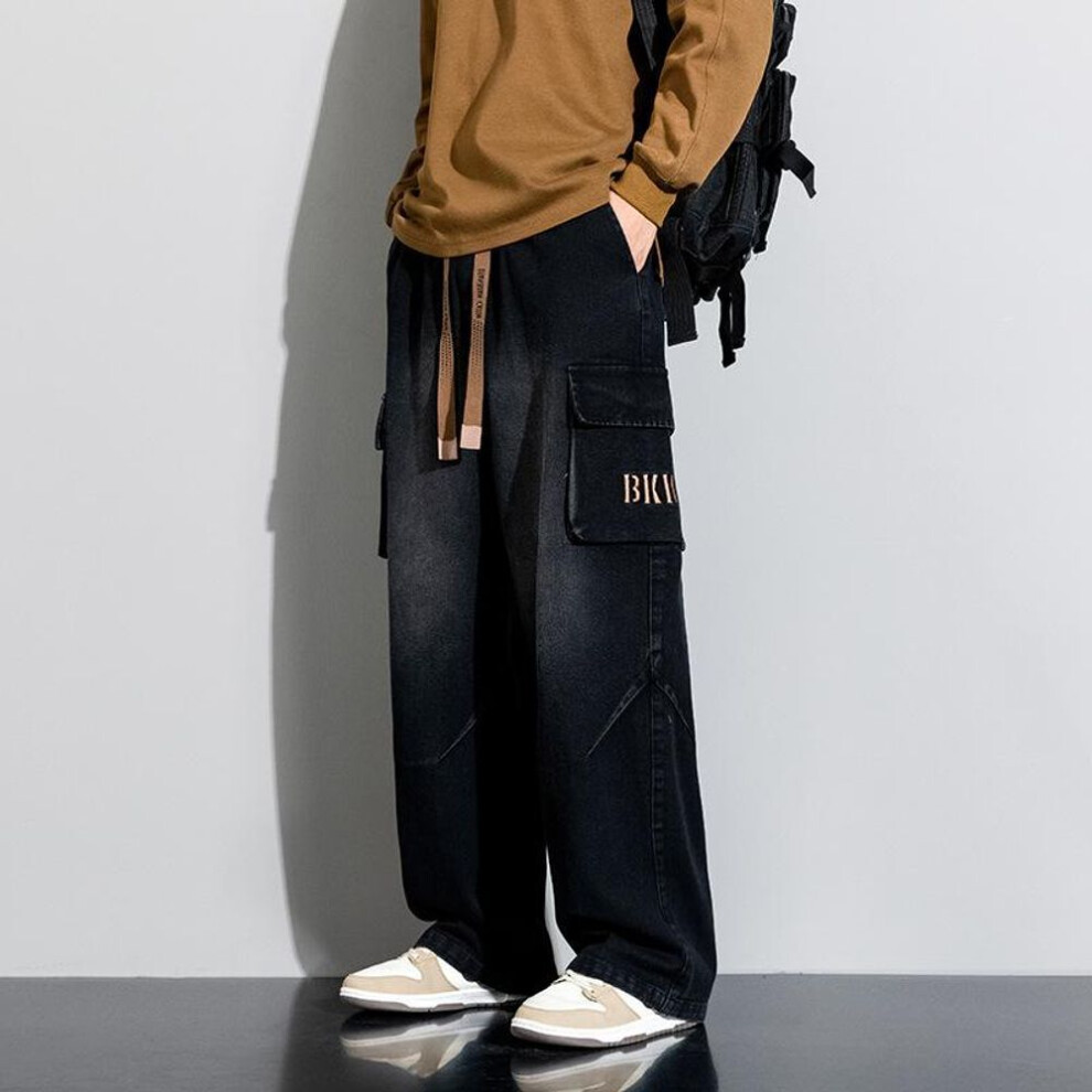 (black, 4XL) Men's Retro Washed Plus Size Wide Leg Pants Teenage Autumn Straight Leg High Waist Jeans-image-OPC-PMNZVGZ-NEW