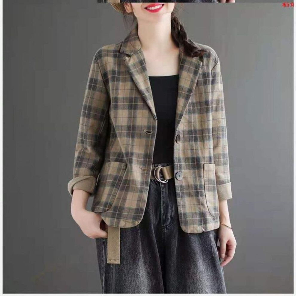 (khaki, XL) Autumn Women Jackets Coat Retro Blazers Suit Vintage Notched Collar Long Sleeve Plaid Jacket-image-OPC-PMP2BYB-NEW