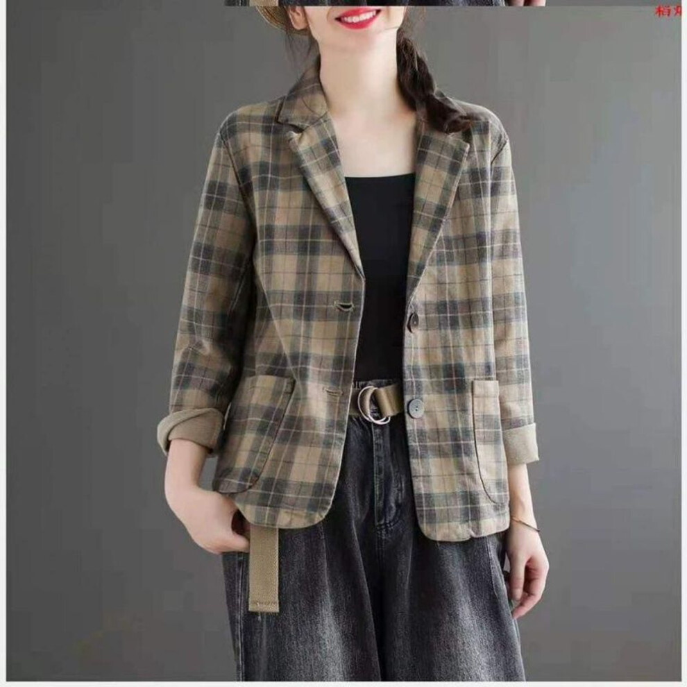 (khaki, XXL) Spring Artistic Retro Laid Cotton Suit Short Jacket For Women Loose And Versatile Slimming Top-image-OPC-PMP2BYV-NEW