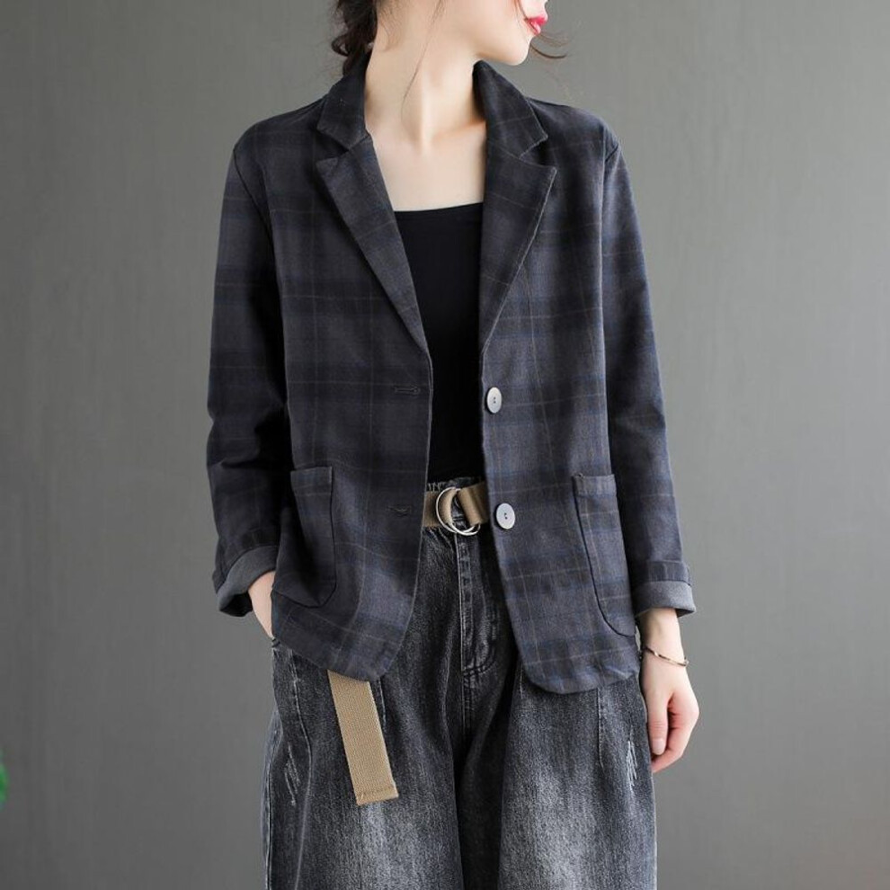 (blue-gray, XXL) Autumn Women Jackets Coat Retro Blazers Suit Vintage Notched Collar Long Sleeve Plaid Jacket-image-OPC-PMP2BXB-NEW