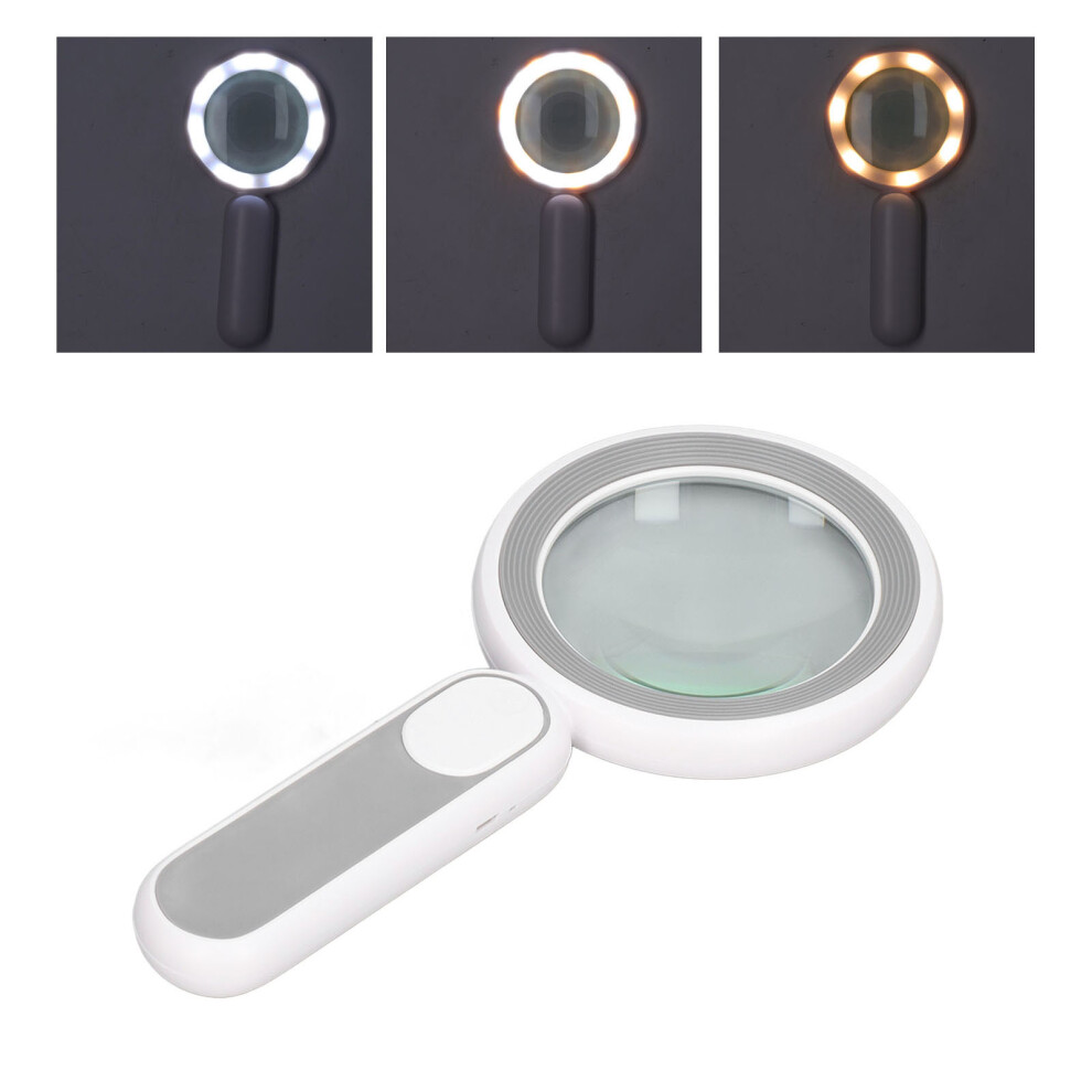 20X LED USB Rechargeable Handheld Magnifying Glass Grey White 85mm