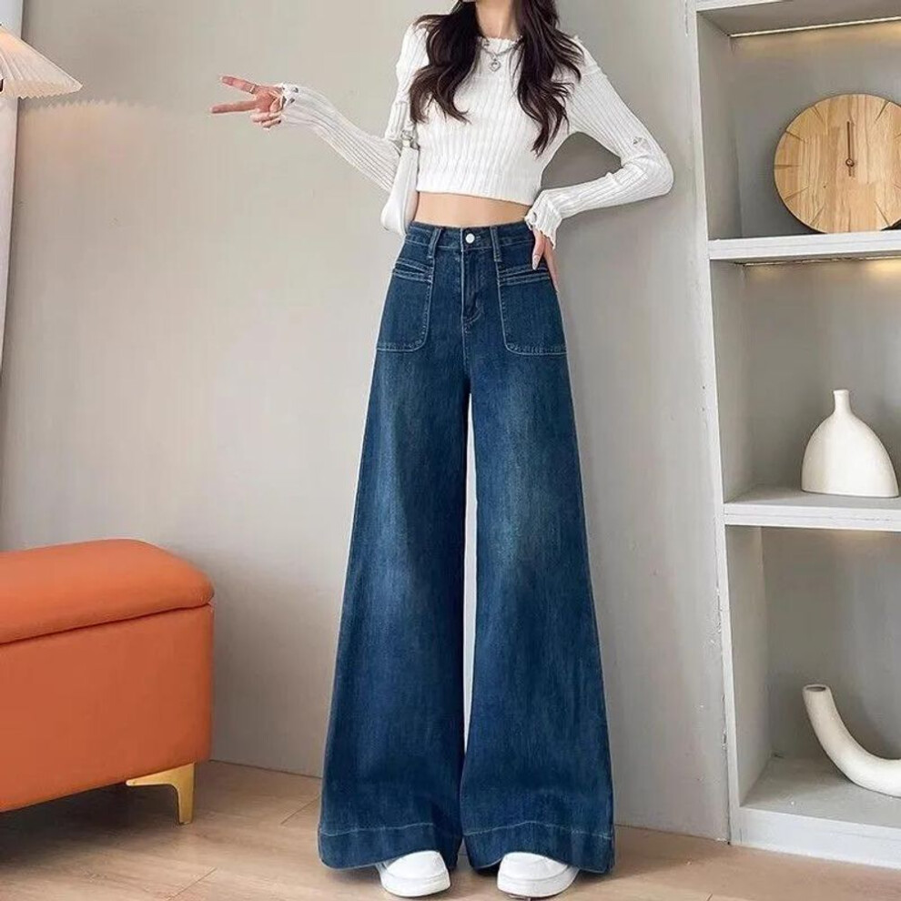 (blue, M) Spring Autumn Women'sretro Micro-flared Jeans Solid Color High-waisted Straight Wide Leg Pants Loose Floor-length Jeans-image-OPC-PMP55S5-NEW