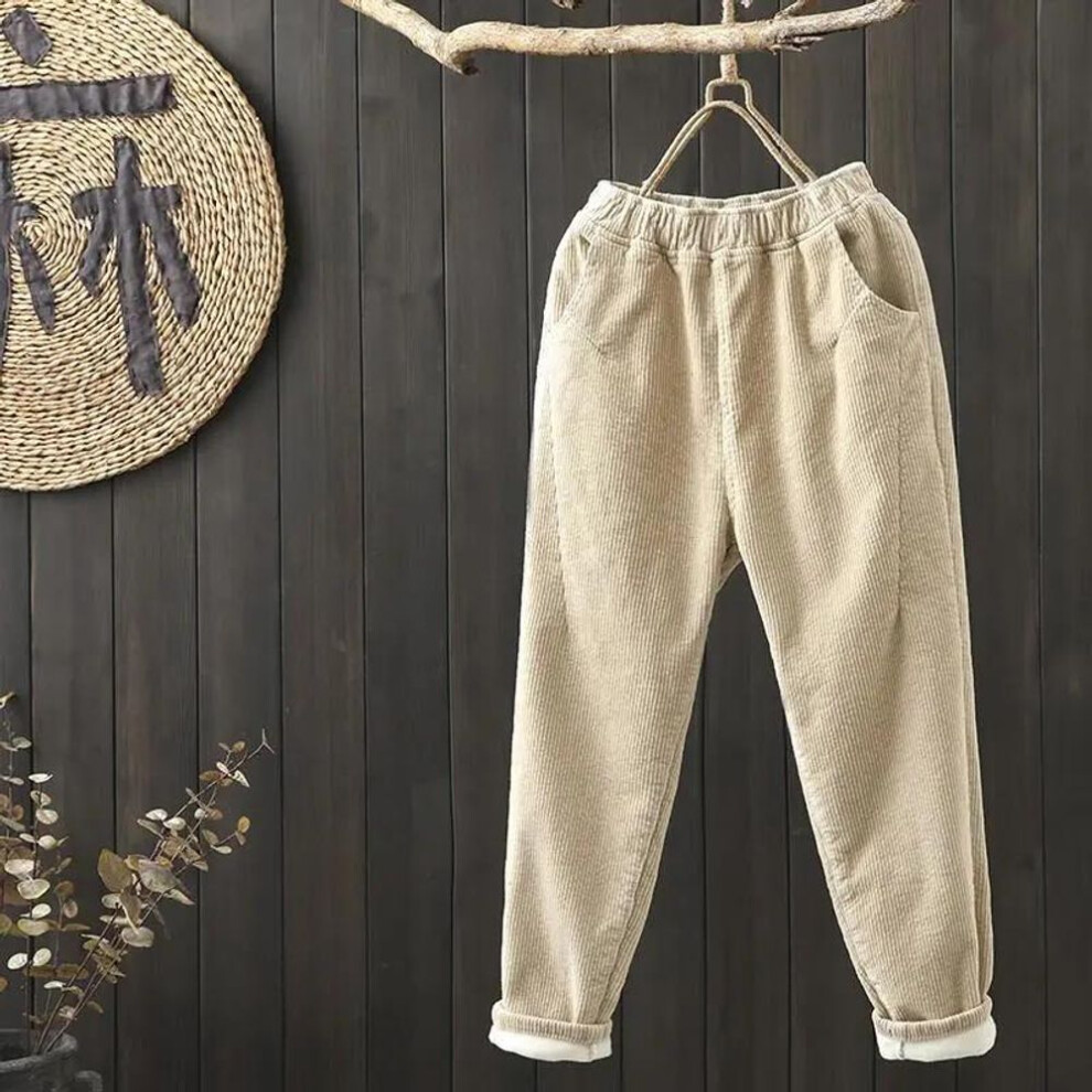 (khaki, L) Women's Autumn And Winter Literary Retro Causal Padded Warm Pants Solid Color High Waist Elastic Harlem Pants-image-OPC-PMP56KD-NEW