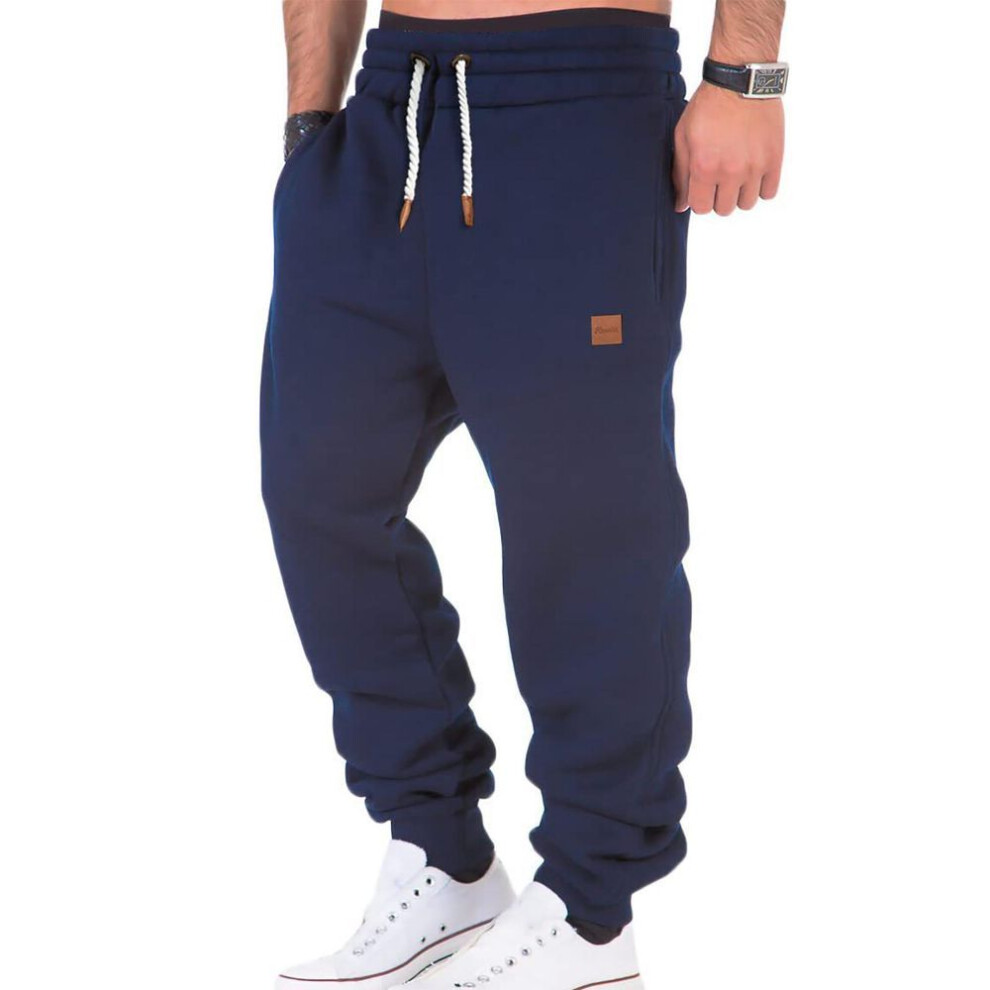 (dark blue, S) Men's Autumn/winter Solid Color Drawstring Sports Pants Fitness Slim Fit Slightly Stretchy Long Pants-image-OPC-PMP59VG-NEW