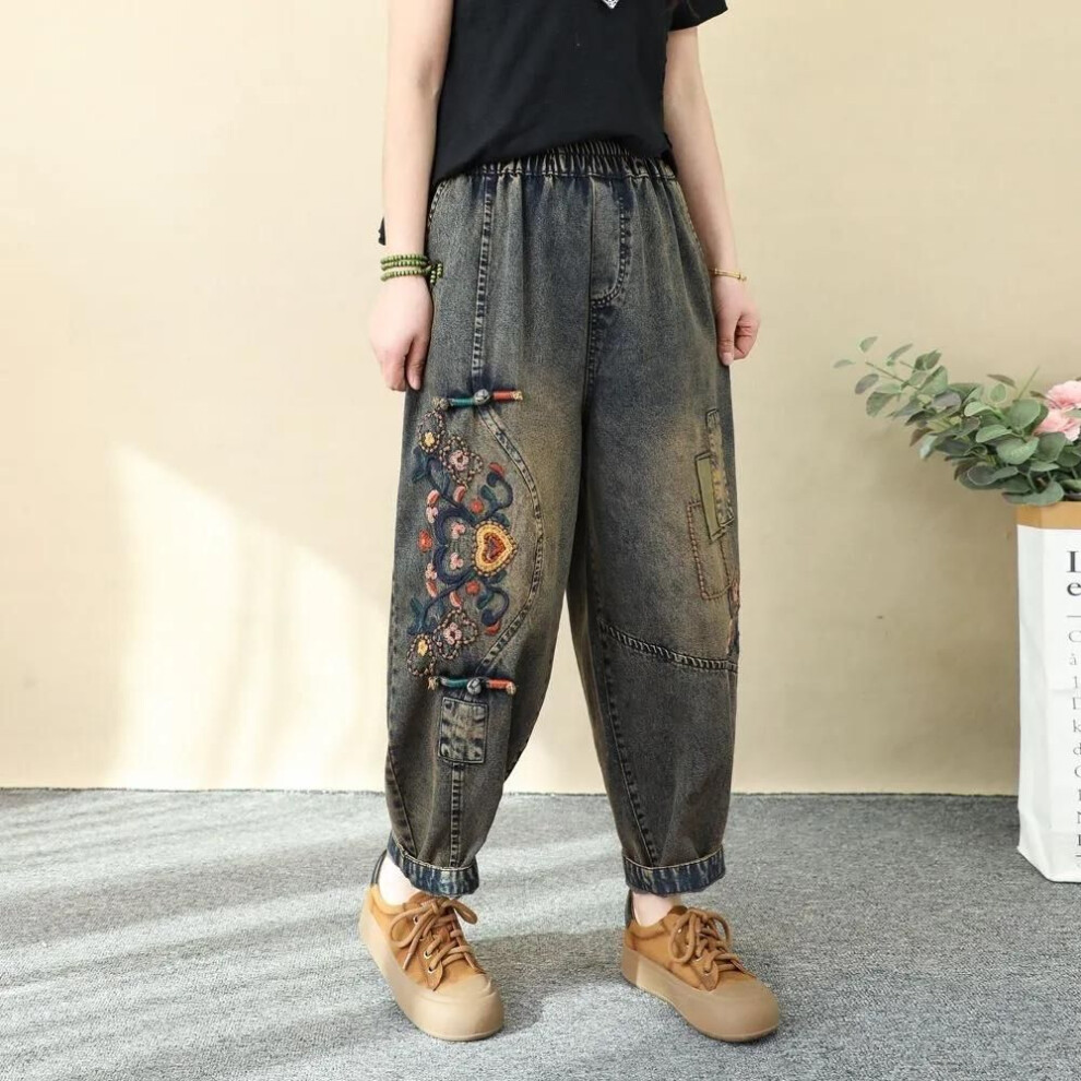 (as the picture, L) Artistic Retro Embroidered Jeans Women's Wear Spring Autumn New Loose High Waist Elastic Denim Pants Female Casual Trousers-image-OPC-PMP5CNB-NEW