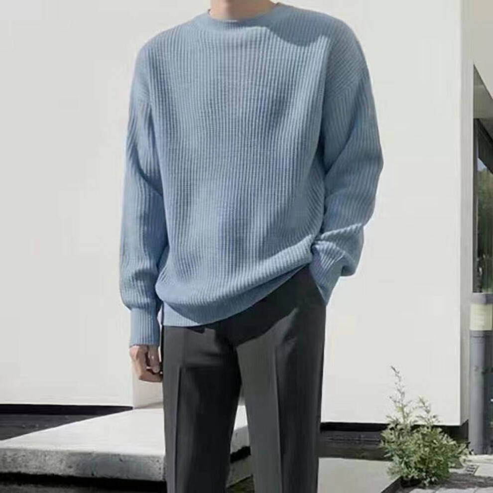 (light blue, XXL) Autumn Winter Men's Loose Fit Sweater Solid Color Casual Retro Round Neck Solid Color Knitted Top-image-OPC-PMP5FST-NEW