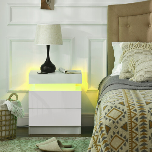 Homcom HOMCOM High Gloss Bedside Table with LED Light and 2 Drawers, White