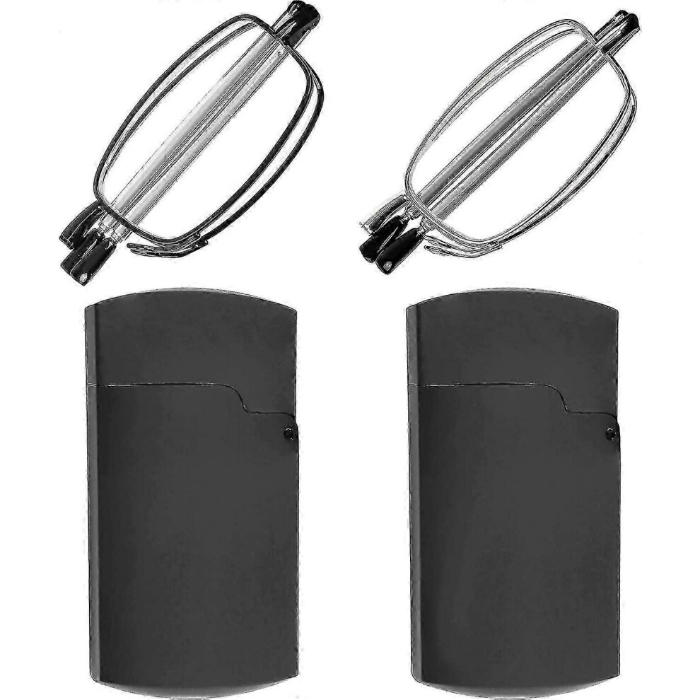 Kikidex (As Show, 200 Diopters) Reading Glasses 2 Pair And Gunmetal Readers Compact Folding Unisex Glasses For Reading Case Included Black