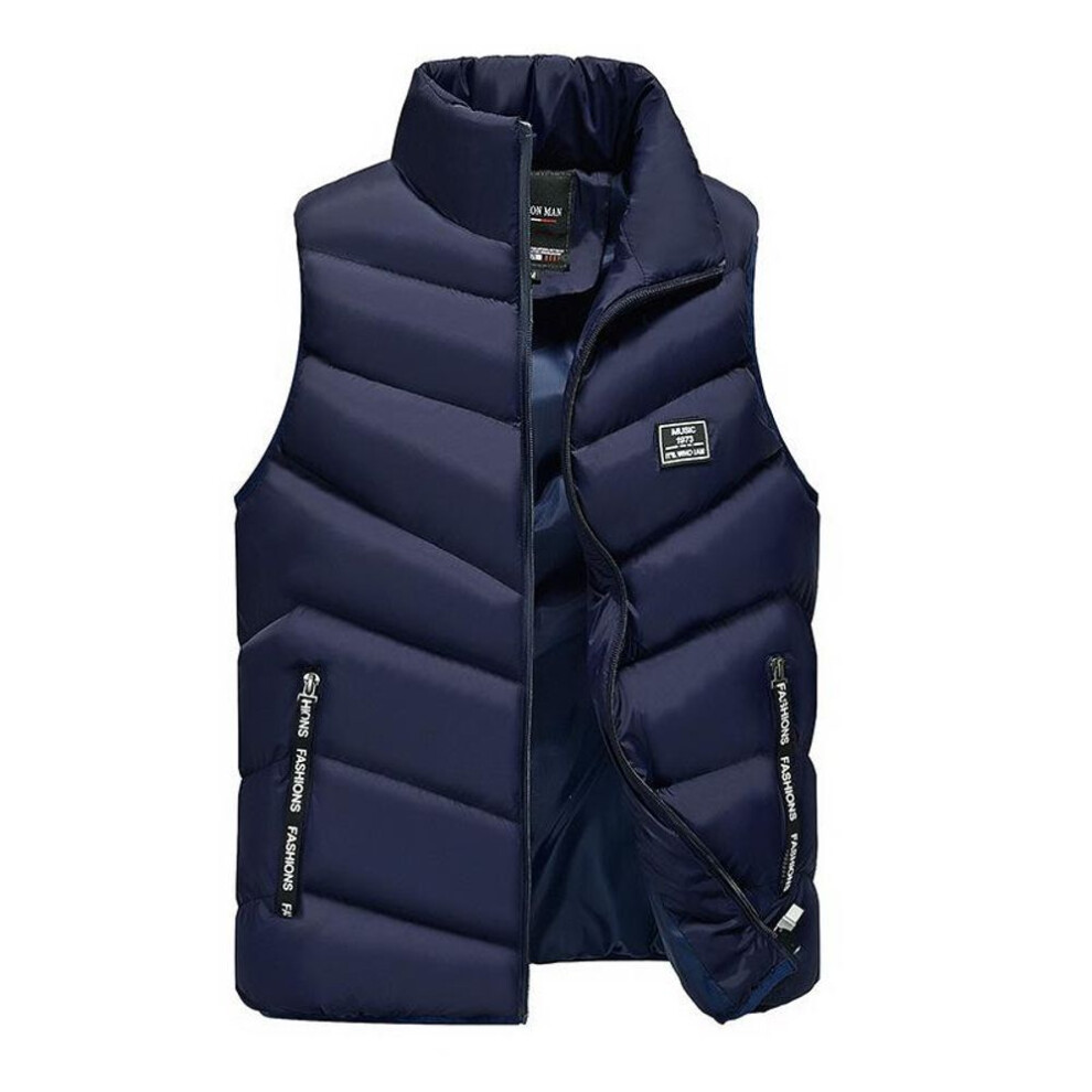 (XXL, blue) Winter Warm Men's Jacket Sleeveless Zipper Vest Solid Casual Vests Male Cotton-padded Thickened Stand Collar Wear Outside-image-OPC-PMP5YTM-NEW