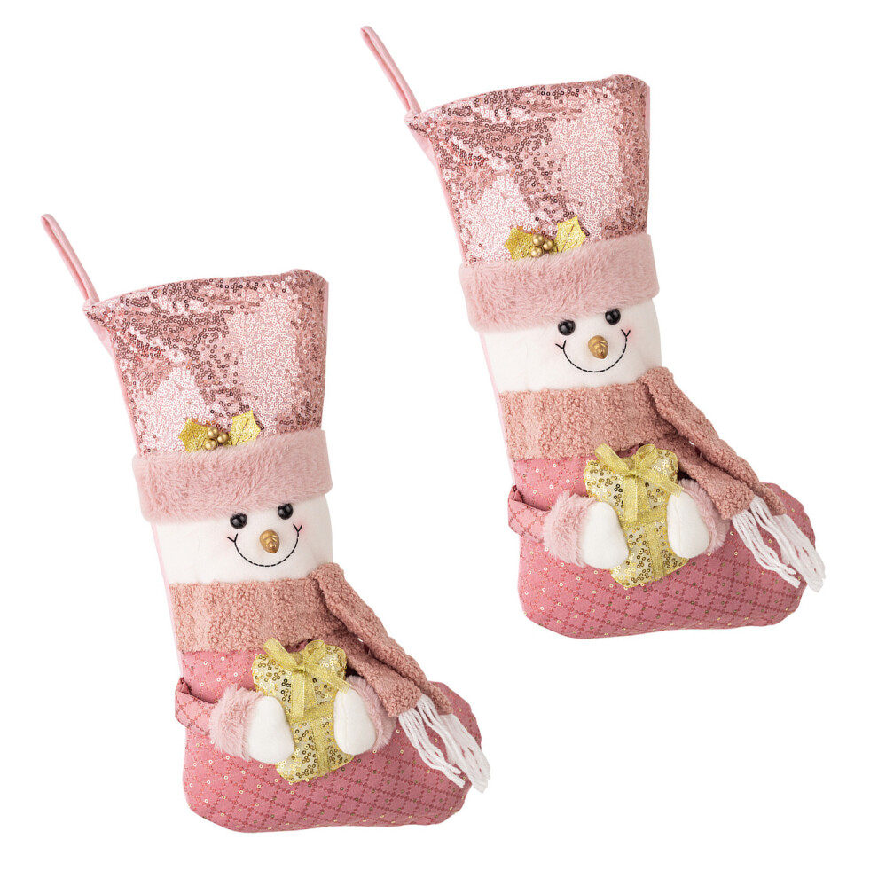 Pink Luxurious Glittering Christmas Stocking Soft Plush-Snowman